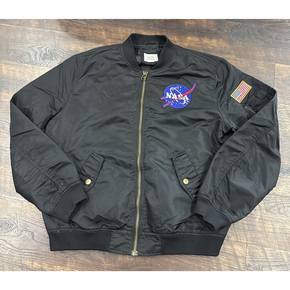 H&M Bomber Flight Jacket NASA USA Flag Patches Black Fleece Lining Men's Large